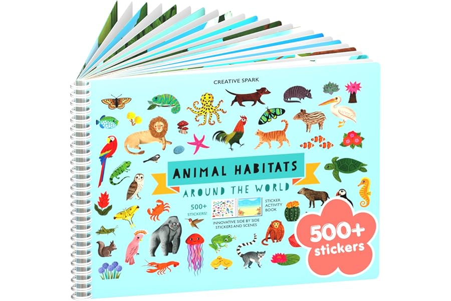Animals Habitat 500+ Kids Sticker Book by Cupkin Toddler Airplane Travel Activity Coloring and Sticker Book, Road Trip Essentials, 12 Coloring Pages + 12 Scenes for Ages 2–8 Years