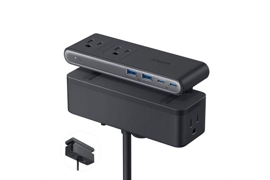 Anker Nano Power Strip, Desk Clamp with 1500J Surge Protector, 5ft Extension Cord, 70W Max Gaming Desk Accessories, 6 AC, 2 U
