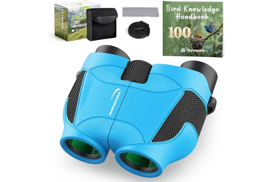 Aurosports 15x25 Compact Binoculars for Kids - Small Binoculars Lightweight with Carrying Case Birding Guide for Bird Watching Hiking Camping Travel Gift for 8-12 Years Boys Girls (Blue)