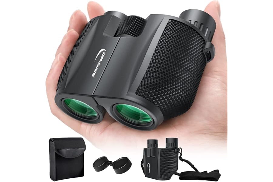 Aurosports Compact Binoculars for Adults and Kids - 10x25 Small Lightweight Binoculars for Bird Watching, Easy Focus for Theater, Cruise & Travel - Ideal Gift with Carrying Case & Strap