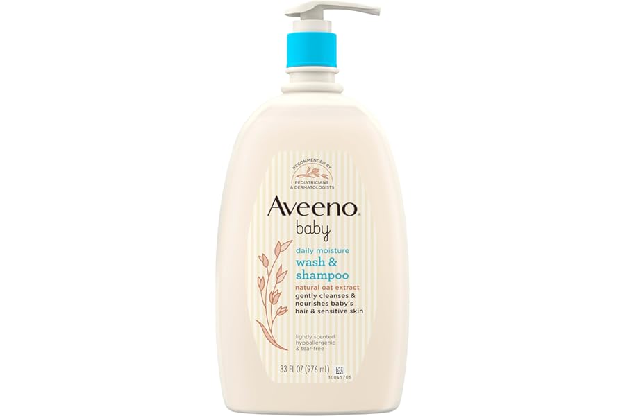 Aveeno Baby Daily Moisture Body Wash & Shampoo with Oat Extract, Hypoallergenic, Tear-Free, No Added Parabens, pH-Balanced Formula For Sensitive Hair & Skin, Baby Essentials, 33 fl oz