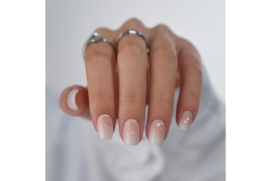 BTArtbox Square Ombre Press On Nails -Soft Gel Press On Nails Short with Nail Glue, 16 Sizes - 32 Reusable Fake Nails Kit, Vanilla Cream