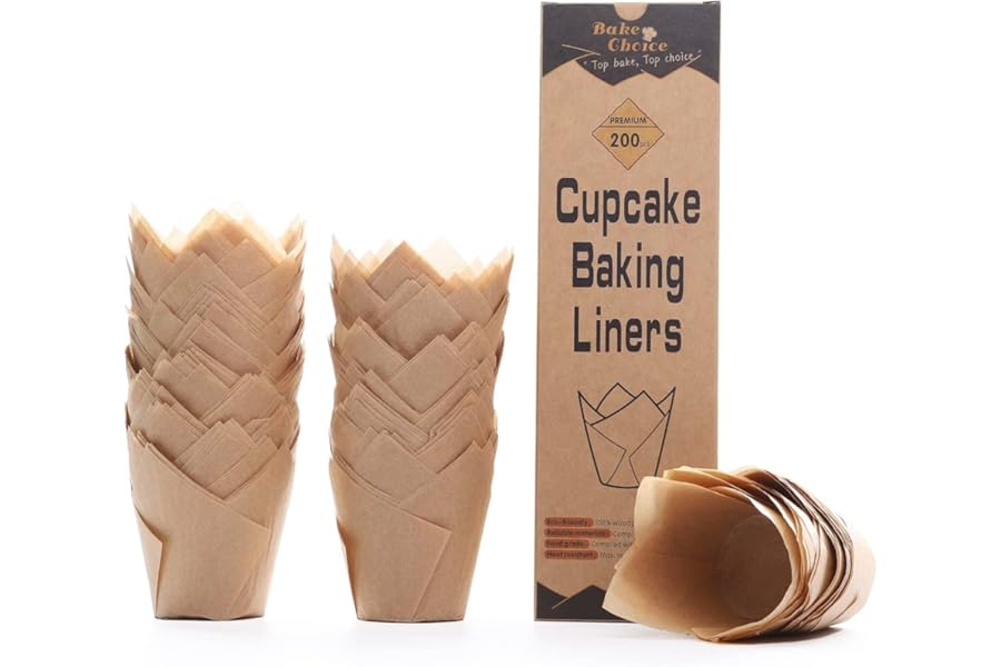 Bake Choice 200pcs Natural Tulip Cupcake Liners for Baking Cups Unbleached European Parchment paper Tulip Muffin Liners, Cupcake Wrapper for Party, Christmas