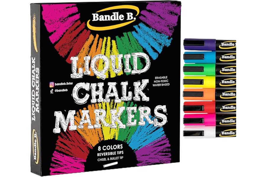 Bandle B. Chalk Markers - 8 Vibrant, Erasable, Non-Toxic, Water-Based, Reversible Tips. For Glass or Chalkboard Markers for Businesses, Restaurants, Liquid Drawing Chalk (Vibrant 6mm)