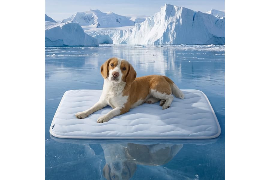 Bedsure Cooling Mat for Large Dogs - Q-Max>0.4 Thin Breathable Cooling Crate Pad Indoor for Pet with Chill Cool Fiber as Cooling Topper，Portable Washable Kennel Mat in Outdoor Summer, 35x23, Blue