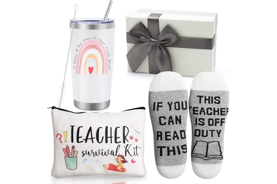 Best Teacher Appreciation Gifts,20 OZ Insulated Tumbler for Women Teacher,Unique Gift Ideas from Students - Funny Socks Thank You Basket Box for New Teachers,Christmas Gifts for Teachers