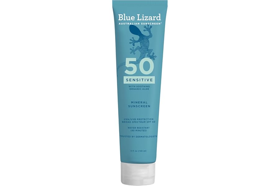 Blue Lizard Sensitive Mineral SPF 50 Sunscreen Lotion, 100% Mineral Sunscreen, UVA/UVB Protection, Infused with organic Aloe Vera, Soothes and Hydrates, 5 fl oz