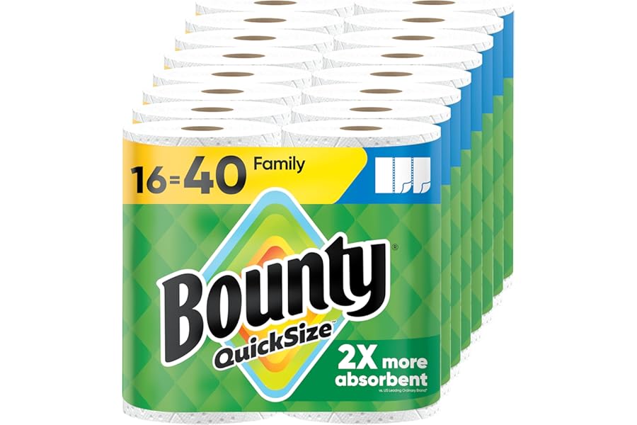 Bounty Paper Towels Quick Size, White, 16 Family Rolls = 40 Regular Rolls