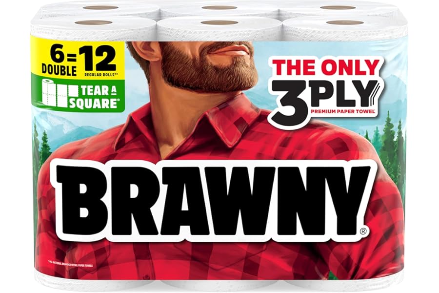 Brawny Tear-A-Square 3-Ply Paper Towels, 6 Double Rolls = 12 Regular Rolls, Strong, Absorbent, and Durable with 3 Sheet Sizes (Quarter, Half, Full)
