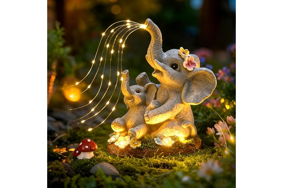 Brightown Solar-Elephant-Garden-Decor-Statue with Succulent & Watering LED Lights, Waterproof Outdoor Decor for Patio, Lawn,