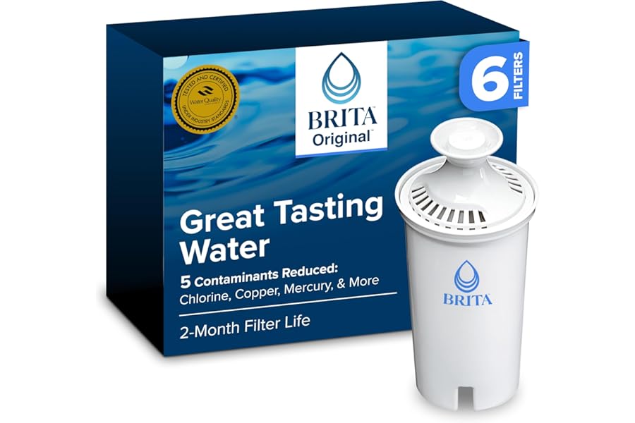 Brita Standard Water Filter for Pitchers and Dispensers, Reduces Copper, Cadmium and Mercury Impurities, Lasts Two Months or 40 Gallons, Includes 6 Filters for Pitchers