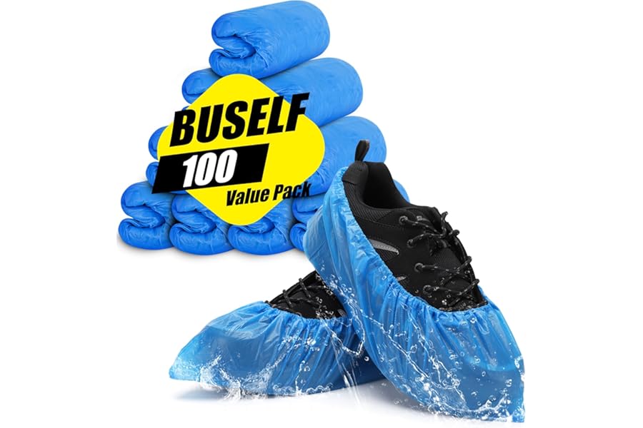 Buself Shoe Covers Disposable Non Slip - Pack of 100 (50 Pairs), Premium Waterproof and Recyclable Shoe Booties Covers for Indoors, Fits Up To 11 US Men and 13 US Women Size