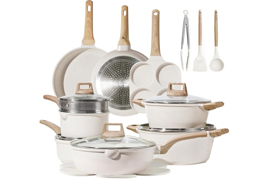 CAROTE 21Pcs Pots and Pans Set, Nonstick Cookware Sets, White Granite Induction Cookware Non Stick Cooking Set w/Frying Pans & Saucepans(PFOS, PFOA Free)