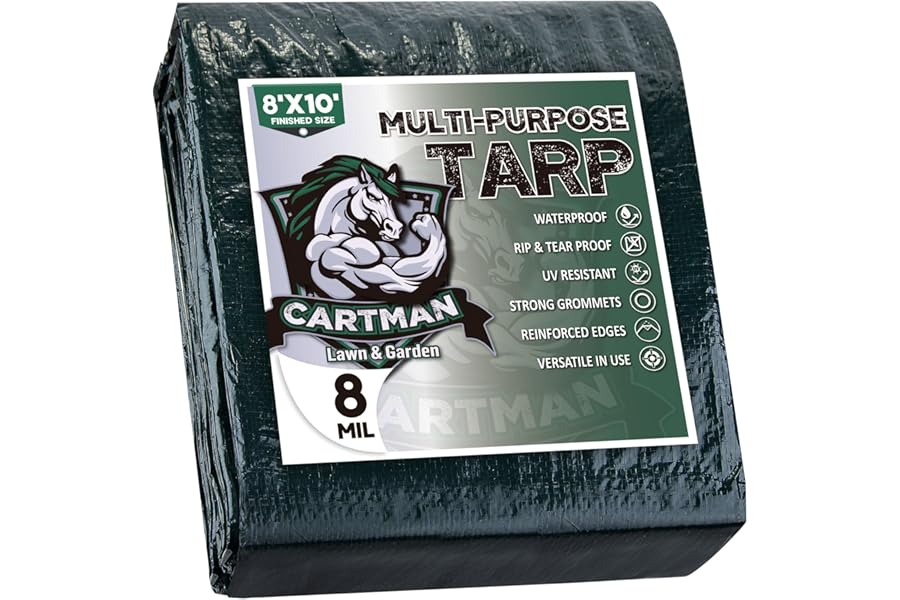CARTMAN Finished Size 8x10 Feet Waterproof Green Tarp 8 Mil Thick, Multipurpose Protective Cover for Emergency Rain Shelter Camping Tarpaulin