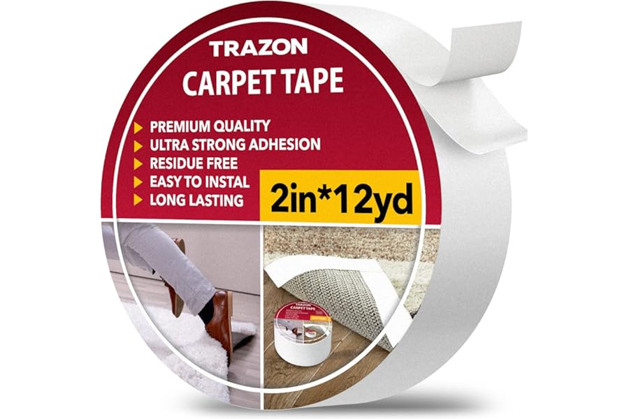 Carpet Tape Double Sided - Rug Tape Grippers for Hardwood Floors and Area Rugs - Carpet Binding Tape Strong Adhesive and Removable, Heavy Duty Stickers Grip Tape, Residue Free (2 Inch / 12 Yards)