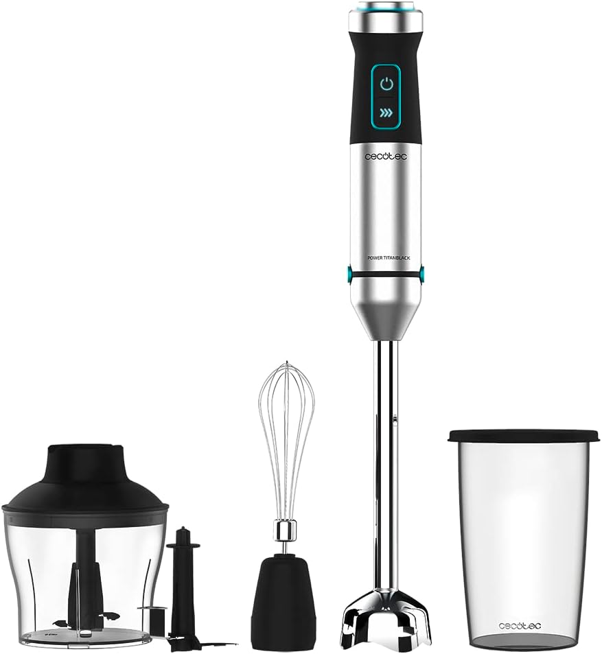 Cecotec Batidora de mano Power TitanBlack 1500 XL Cream&Crush. Potencia 1500 W, Cuchilla 4 hojas con revestimiento titanio, Pie XL, Campana antisalpicaduras, Velocidad ajustable, Función Turbo