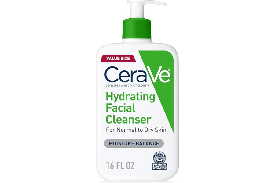 CeraVe Hydrating Facial Cleanser, Moisturizing Face Wash For Dry Skin, Hyaluronic Acid + Ceramides + Glycerin, Hydrating Cleanser For Normal To Dry Skin, National Eczema Association Certified, 16 Oz