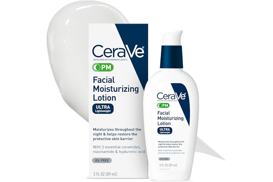 CeraVe PM Facial Moisturizing Lotion, Night Cream with Hyaluronic Acid and Niacinamide, Ultra-Lightweight, Oil-Free Moisturizer for Face, 3 Ounce