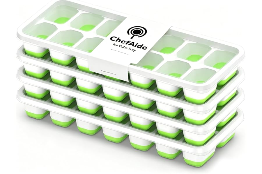 ChefAide Ice Cube Tray with Lid, 4 Packs 56 Cubes Durable Stackable Ice Cube Trays for Freezer with Removable Lids, Easy-Release Plastic & Silicone Ice Tray for Cocktail, Coffee