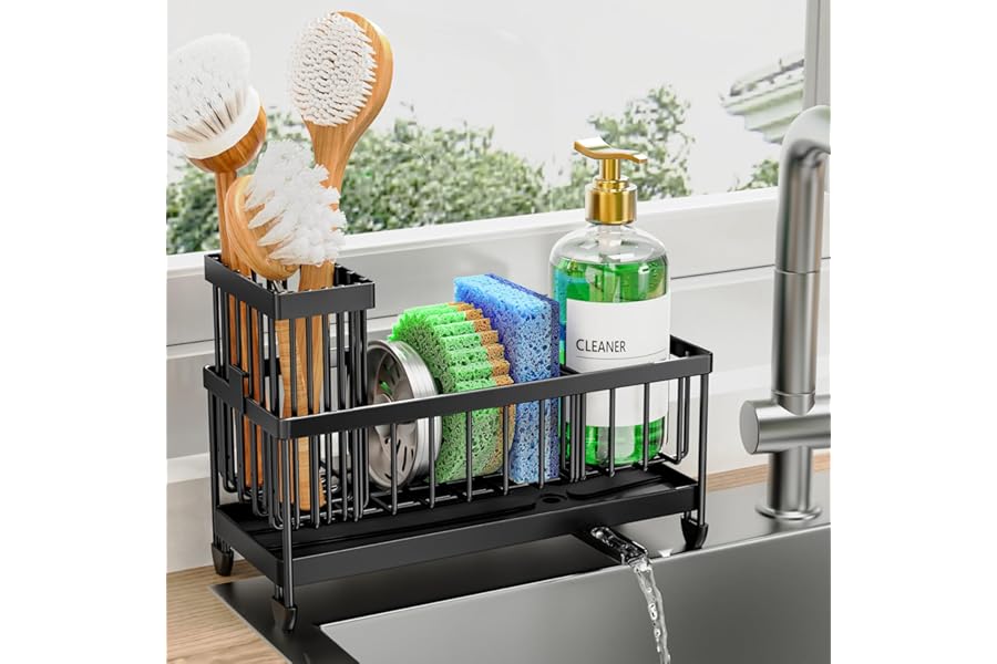 Cisily Sponge Holder for Kitchen Sink, Sink Caddy Organizer with High Brush Holder, Kitchen Countertop Organizers and Storage Essentials, Rustproof 304 Stainless Steel (Black, 9.25″)