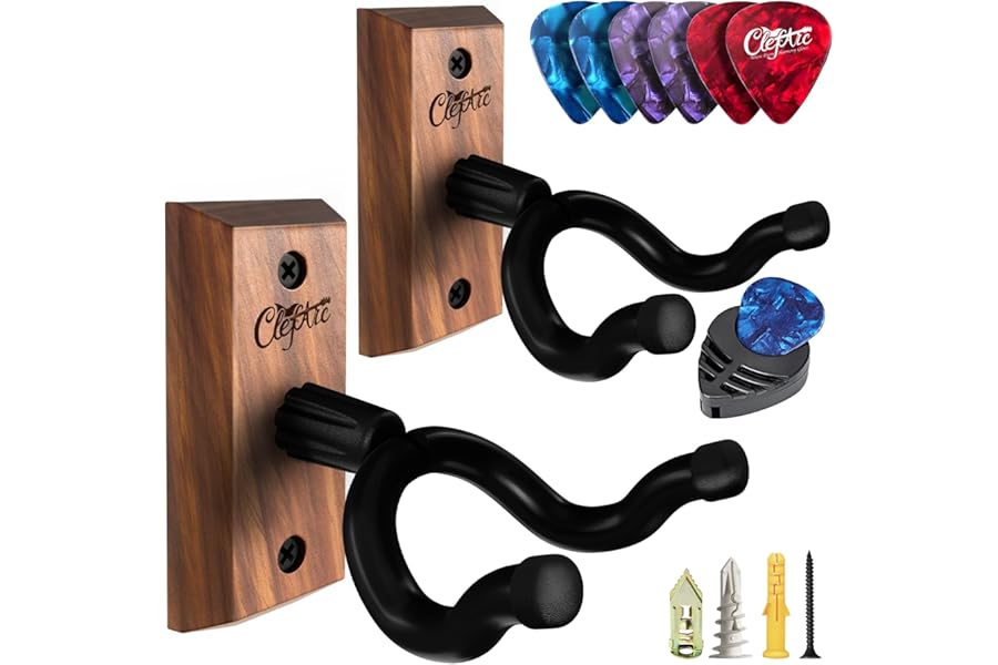 ClefArc Guitar Wall Mount 2 Pack - U-Shape Guitar Wall Hangers, Guitar Stand Wall, Black Walnut Guitar Hanger, Pick Holder, Gifts for Guitarists, with 6 Assorted Guitar Picks