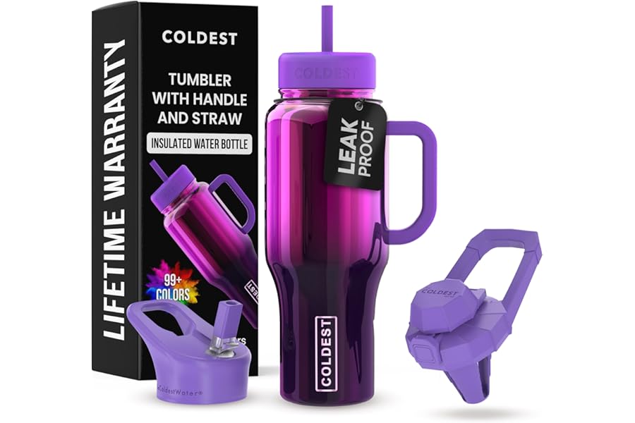 Coldest Tumbler with Handle and Straw - 100% Spill Proof Tumbler with Straw (3 Lids) - Stainless Steel Insulated Leakproof Tumblers for Women & Men - Cup Holder Friendly - 36 oz (Purple Nova)