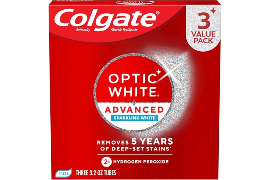 Colgate Optic White Advanced Hydrogen Peroxide Toothpaste, Teeth Whitening Toothpaste Pack, Enamel-Safe Formula, Helps Remove Tea, Coffee, and Wine Stains, Sparkling White, 3 Pack, 3.2 oz