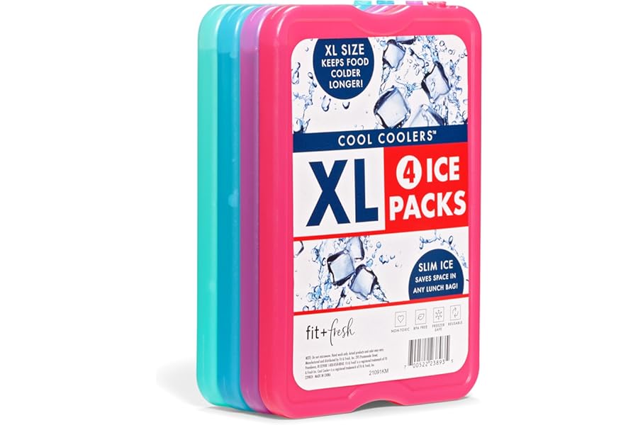 Cool Coolers by Fit & Fresh 4 Pack XL Slim Ice Packs, Quick Freeze Space Saving Reusable Ice Packs for Lunch Boxes or Coolers, Multi