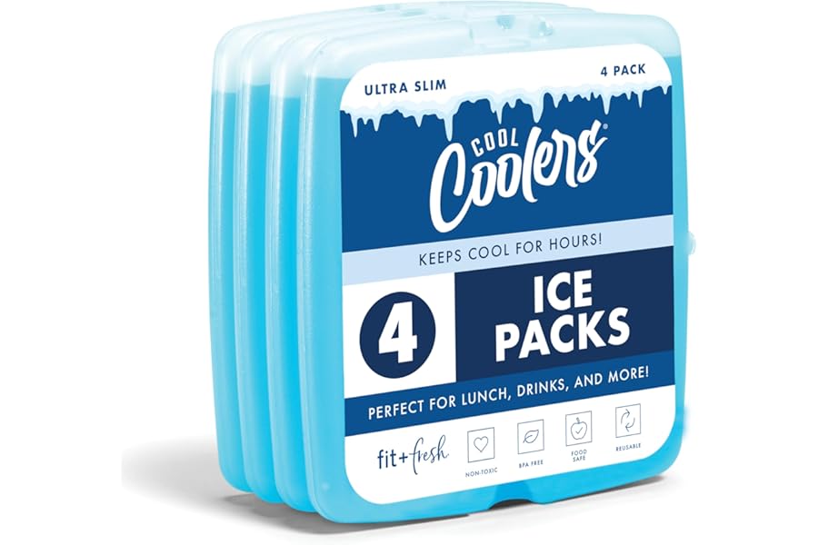 Cool Coolers by Fit & Fresh Slim Ice Packs, Quick Freeze Reusable Ice Packs for Lunch Boxes & Coolers, Long-Lasting, Space Saving Lunch Ice Packs