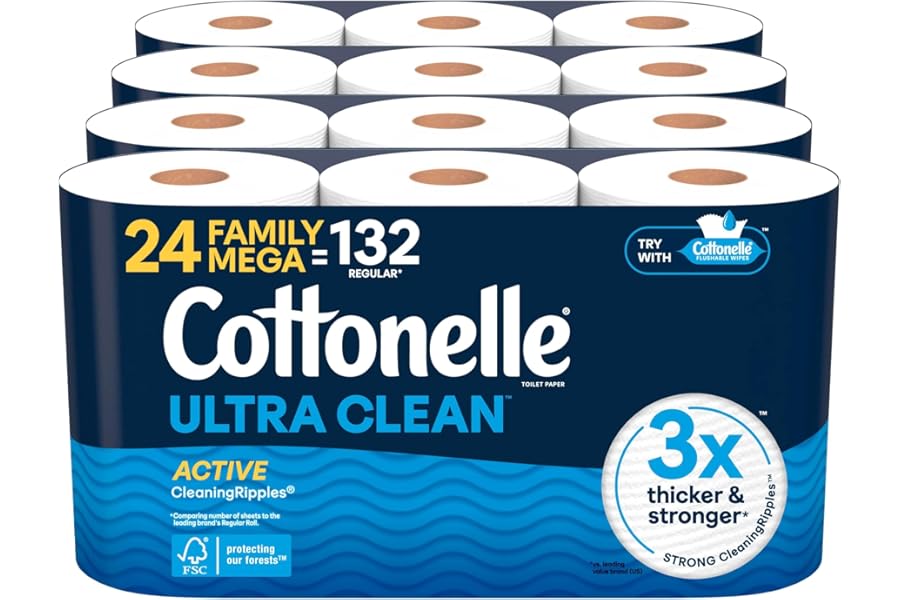 Cottonelle Ultra Clean Toilet Paper with Active CleaningRipples Texture, Strong Bath Tissue, 24 Family Mega Rolls = 132 Regular Rolls (4 Packs of 6)