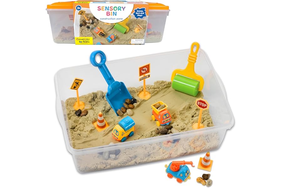 Creativity for Kids Sensory Bin: Construction Zone Playset - Preschool Learning Activities, Excavator Toys for Boys Ages 3-5+, Outdoor Toys and Gifts for Kids