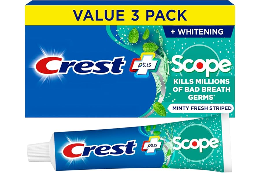 Crest + Scope Whitening Toothpaste - Pack of 3, 5.4 Oz Tubes - Anticavity Fluoride Toothpaste, Fresh Breath, Kills Germs - Tartar Protection, Enamel Protection - Minty Fresh Flavor