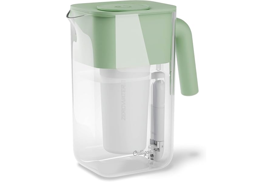 Culligan with ZeroWater Technology 10-Cup Water Filter Pitcher – Includes 5-Stage Advanced Water Filter, IAPMO Certified to Reduce Lead, Total PFAS, Mercury, Fluoride, and Chlorine - Sage