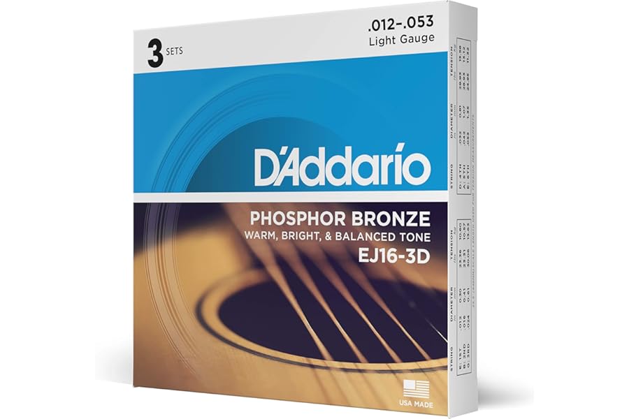 D'Addario Guitar Strings - Phosphor Bronze Acoustic Guitar Strings - EJ16-3D - Rich, Full Tonal Spectrum - For 6 String Guitars - 12-53 Light, 3-Pack