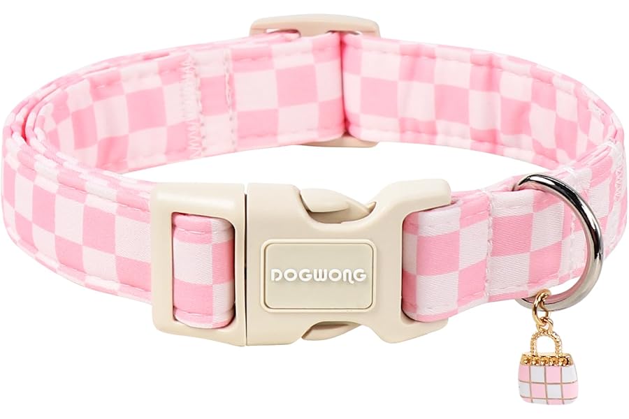DOGWONG Girl Dog Collar for Small Dogs, Pink Checked Dog Collars, Pink Checked Dogs Collars for Small Medium Dogs, Neck 11-16 inches