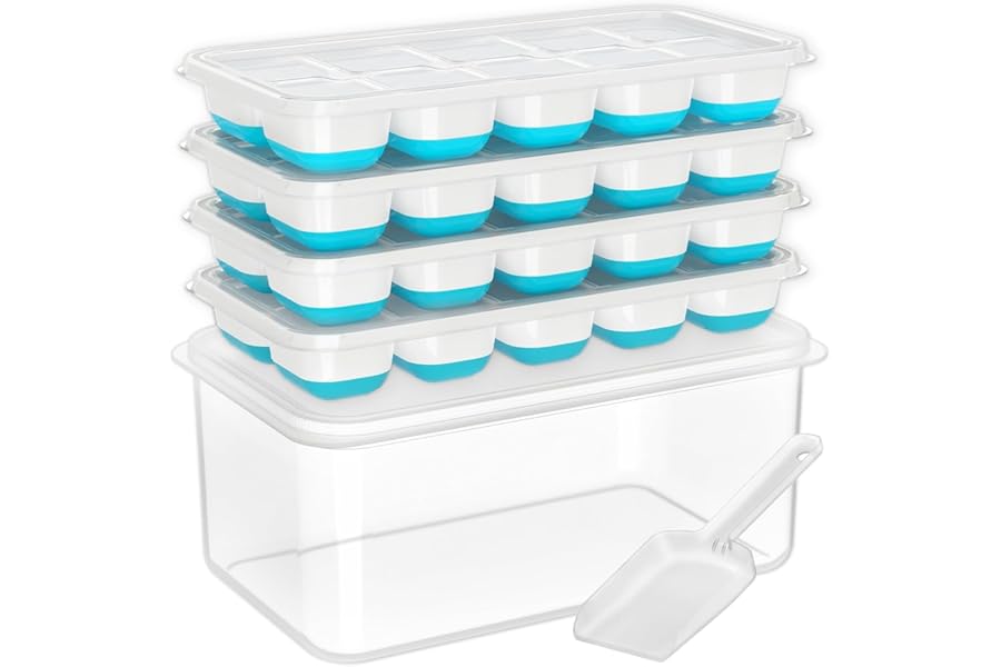 DOQAUS Ice Cube Tray with Lid and Bin - 4 Pack Silicone Ice Cube Trays for Freezer, Stackable Ice Bucket Kits with Storage Container & Scoop for Kitchen, RV, Cocktail, Coffee