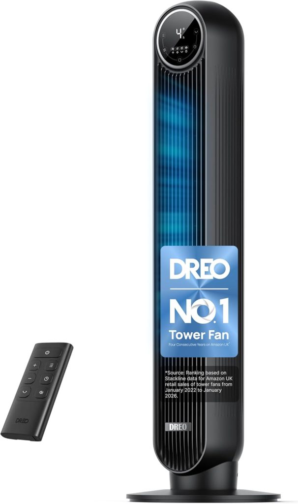 DREO 20dB Silent Tower Fan, 28 ft/s Velocity Electric Cooling Fan with Remote, 90° Oscillating 8 Speeds 4 Modes 8H Timer LED Display, 220-240V, Black