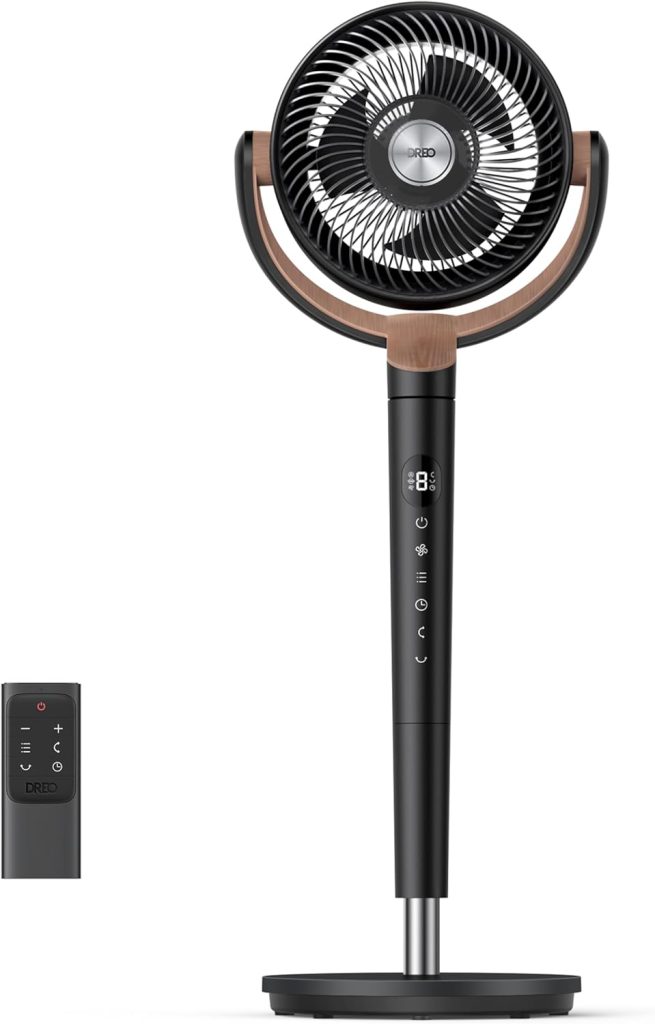 DREO ventilateur sur pied silencieux 20 dB avec oscillation omnidirectionnelle 120°+120°, portée du vent 26 m, débit d’air 1615 m³/h, circulateur Turbo, hauteur réglable 94–107 cm, 3 modes, 8 vitesses