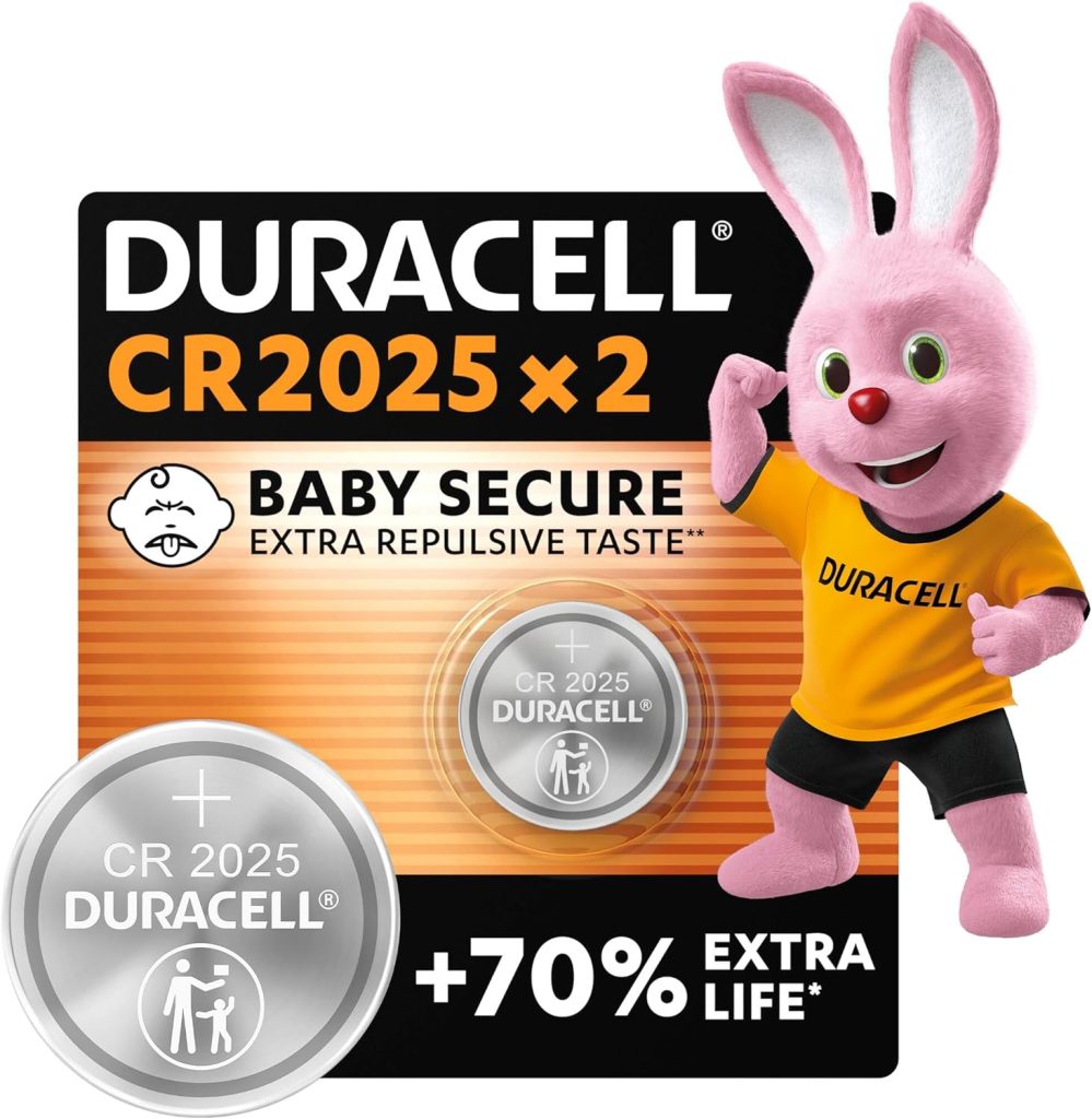 DURACELL 2025 Lithium Coin Batteries 3V (2 pack) - Up to 70% Extra Life - Baby Secure Technology - For Use in Key Fobs, Fitness Watches and 3D Glasses - Baby Secure Packaging