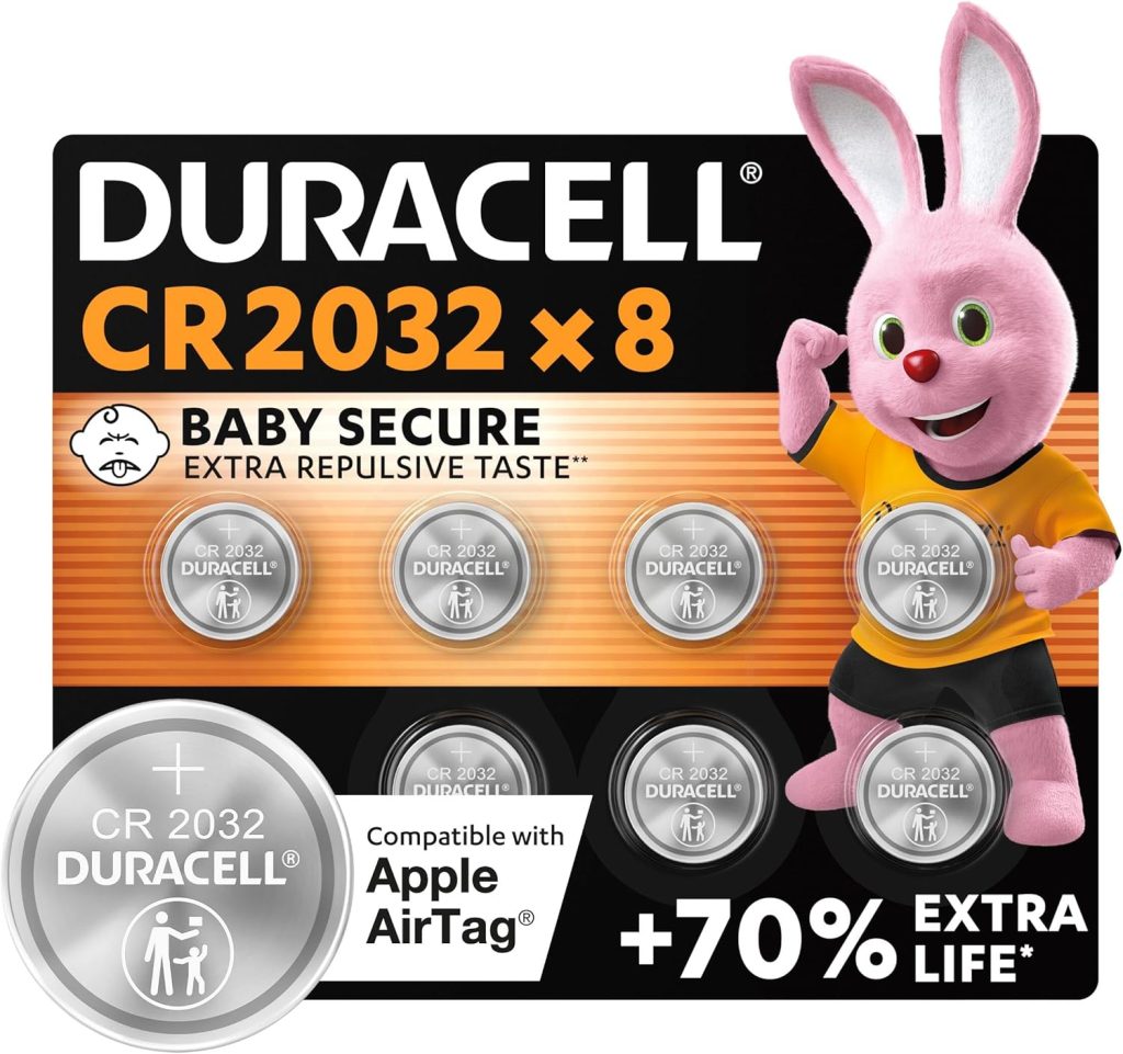DURACELL CR2032 Piles Boutons au lithium 3V (lot de 8) - Jusqu’à +70 % de longévité - Technologie Sécurité Enfant - Recommandées pour l’AirTag d’Apple - Clés, appareils maison, sport et médicaux