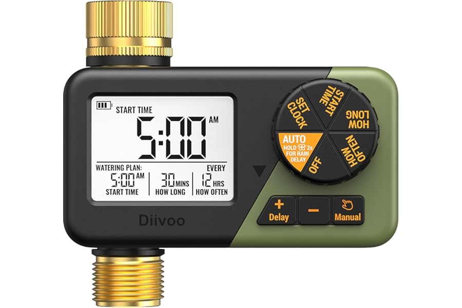 Diivoo Brass Sprinkler Timer, IP66 Waterproof Programmable Hose Timers for Watering with Large Display, Rain Delay & Manual Mode for Outdoor Automatic Irrigation of Garden, Lawn, Yard