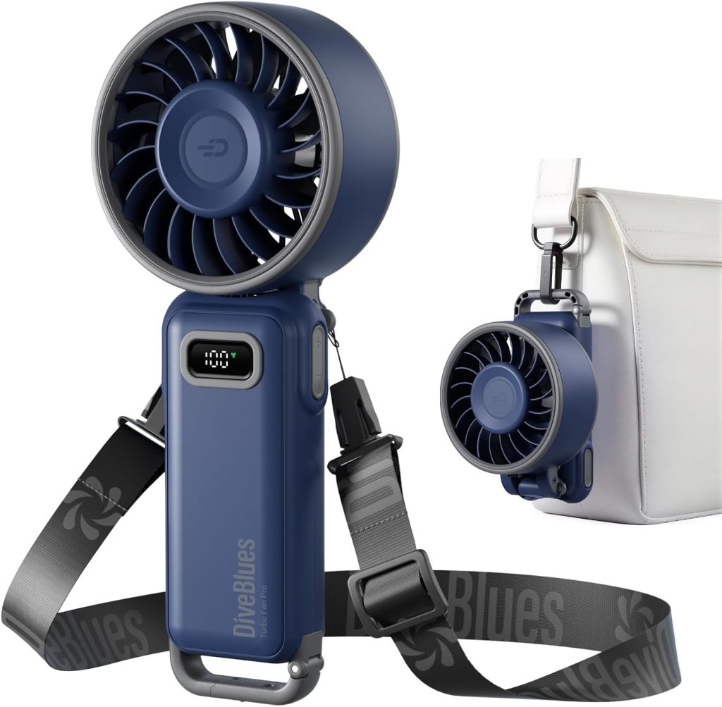 Diveblues Turbo Portable Handheld Fan, 100 Speed Stepless High Speed Hand Held Fan, 12H Cooling Rechargeable Mini Fan, 180° Foldable Neck & Desk Fan, LED Display, Travel Essentials, Gifts