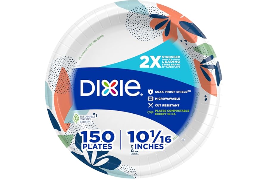 Dixie Large Paper Plates, 10 Inch, 150 Count, 2X Stronger*, Microwave-Safe, Soak-Proof, Cut Resistant, Disposable Plates For Everyday Breakfast, Lunch, & Dinner Meals