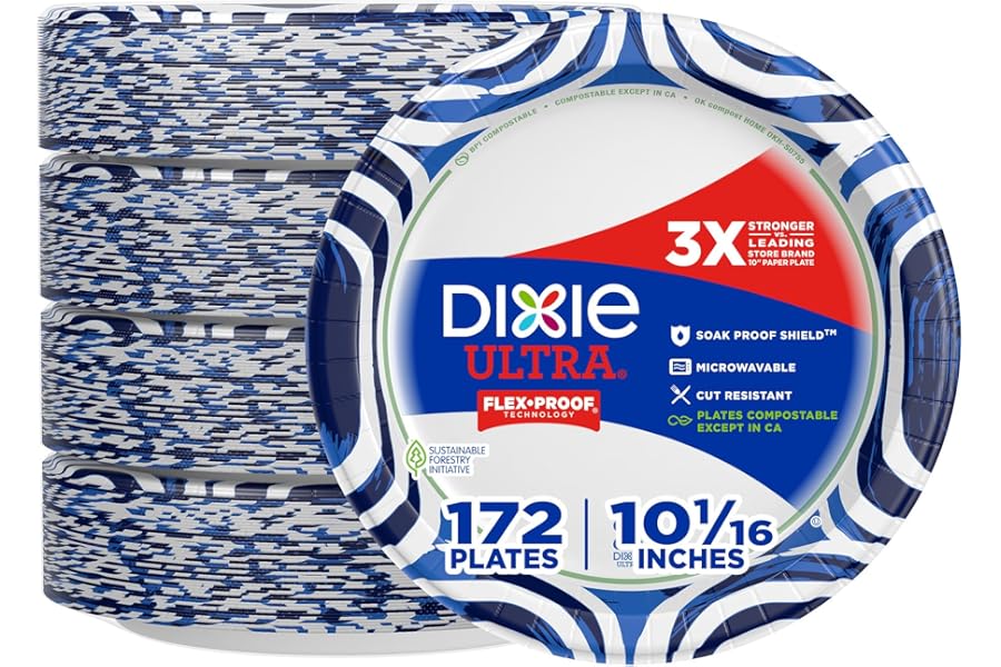 Dixie Ultra, Large Paper Plates, 10 Inch, 172 Count (4 packs of 43 plates), 3X Stronger*, Heavy Duty, Microwave-Safe, Soak-Proof, Cut Resistant, Disposable Plates For Heavy, Messy Meals