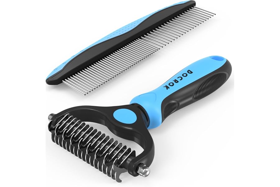 Docrok Pet Grooming Combo - Blue Deshedding Brush with Metal Comb for Detangling and Dematting Long, Matted Fur on Cats and Dogs