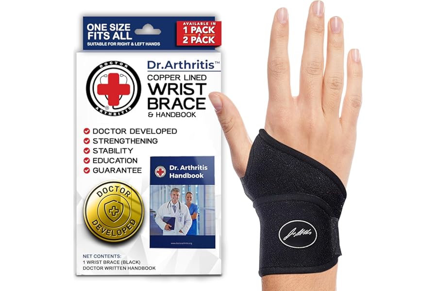 Doctor Developed Wrist Brace, Wrist Wraps for Carpal Tunnel Arthritis, Tendonitis, Hand Support, Ideal for Fitness, Weightlifting - Handbook Included (Wrist Brace 1 Pack)