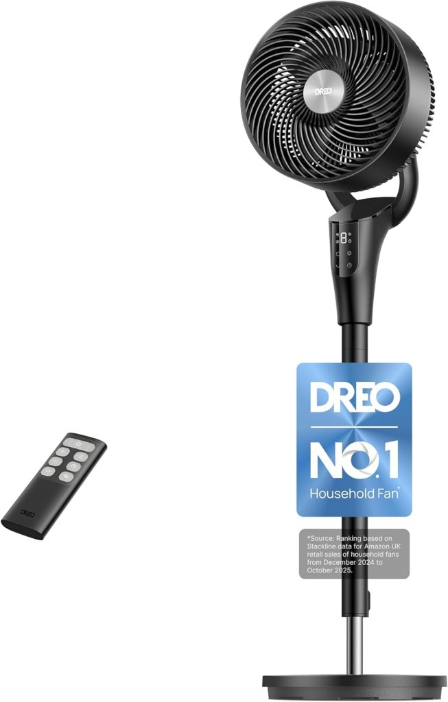Dreo 20 dB Silent Standing Fan for Bedroom, 42" Pedestal Fans with Remote, 90° Oscillating, 90° Manual Vertical Cooling Fan, 8 Speeds, Adjustable Height, 8H Timer, Child Lock, LED Display[Upgraded]