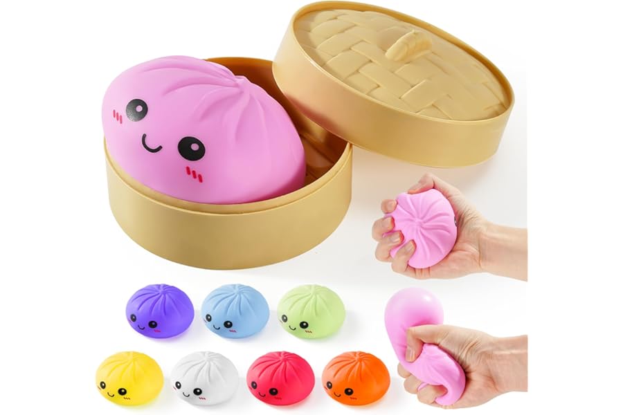 Dumpling Squishies, Glitter Dumpling Mystery Box, Colorful Dumplings Stress Balls Fidget Sensory Toy, Stocking Stuffers with Food Steamer Stretchy Desk Toys (Pink)
