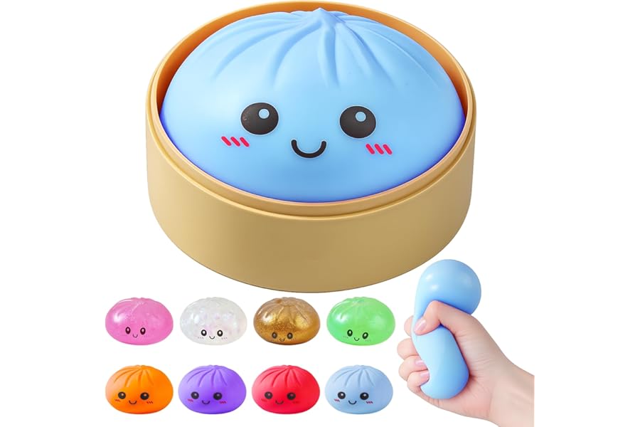 Dumpling Squishies, Glitter Dumpling Mystery Box, Colorful Dumplings Stress Balls Fidget Sensory Toy, Stocking Stuffers with Food Steamer Stretchy Desk Toys (Blue)