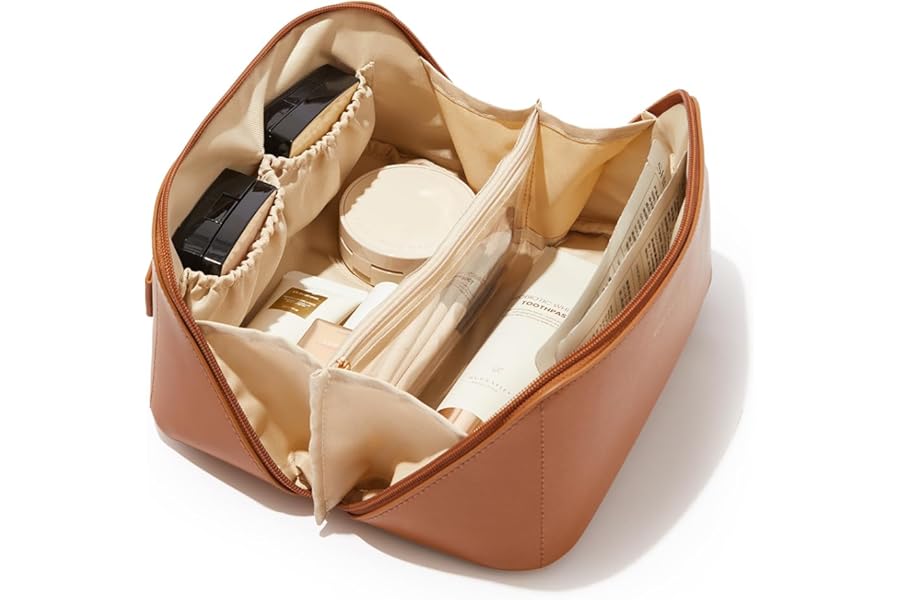 EACHY Travel Makeup Bag, Large Capacity Cosmetic Bag for Women, Waterproof PU Leather, Flat Open Portable Toiletry Bag for Skincare, Brushes & Travel Essentials